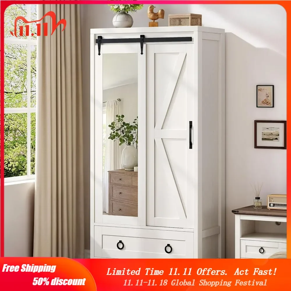 Bathroom Storage Cabinet - Tall Storage Cabinet with Full Length Mirror, Farmhouse Bathroom Cabinets with Doors and Drawers