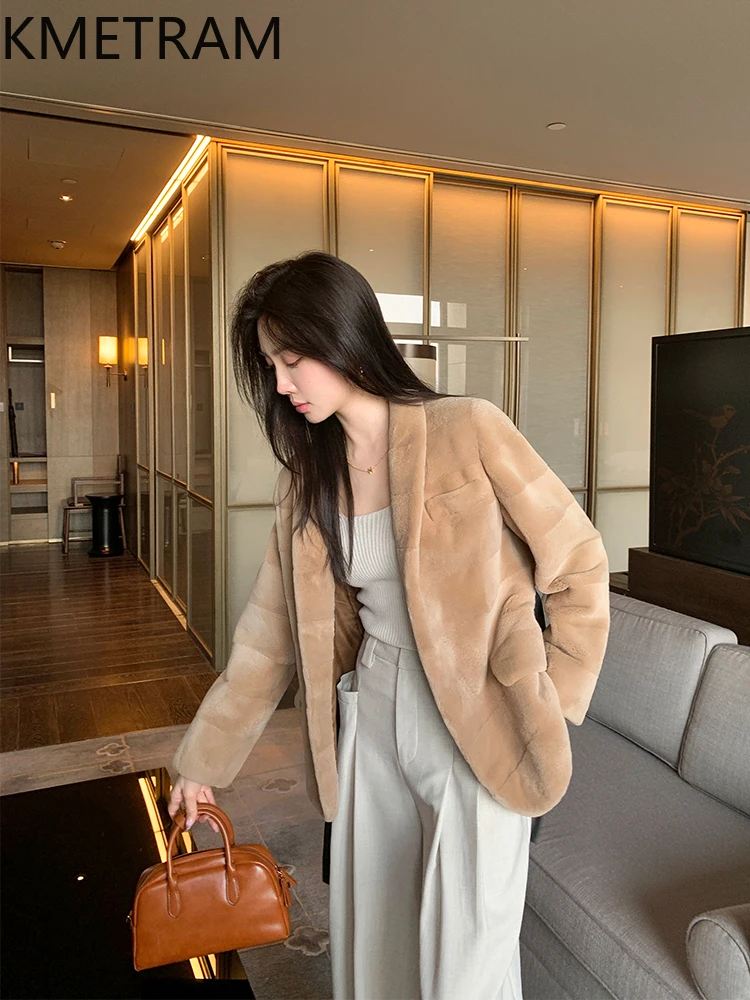 KMETRAM 100% chaqueta de piel de visón de terciopelo para mujer, traje de piel auténtica con cuello en V Beige, chaquetas con cinturón, ropa de invierno para mujer, 2025 шу onder