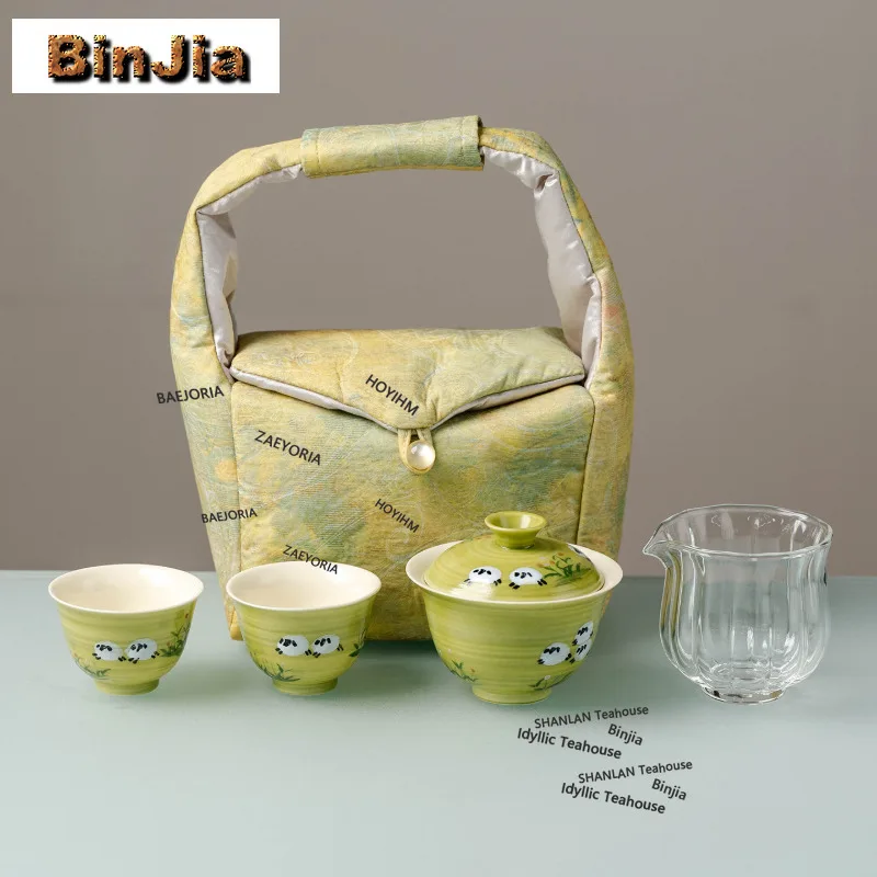 BAEJORIA Hand-painted Sheep Travel Tea Set Kit Retro 1 Pot 3 Cups Tea Maker Organizer Portable Camping Handbag Gift