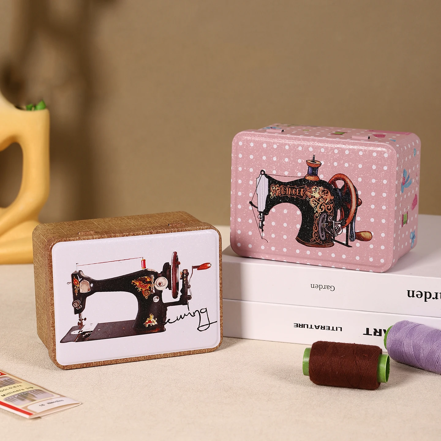 1PC Sewing Pattern Rectangle Biscuits Storage Tin Box With Lid Home Tea Coffee Organizer Case for Button &Jewelry Gift Box