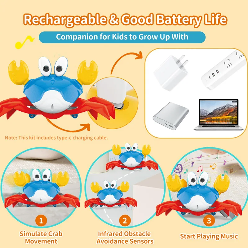 سيحدث موسيقى تجنب العوائق الأوتوماتيكية على شكل سرطان البحر التعريفي الكهربائي وتعلم الزحف لعبة أطفال قابلة لإعادة الشحن