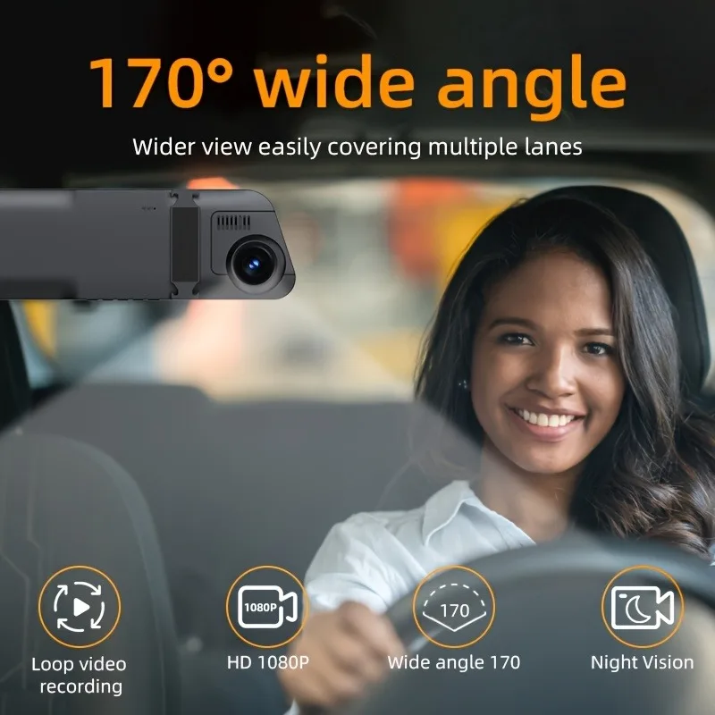 Dual Camera Dash Cam, Front/Rear Lenses, Rearview Mirror Cam, 64GB Card, Infrared Night Vision, Wide Angle, Loop Recording