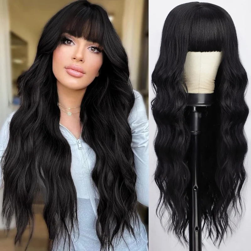 

Fashionable and trendy long curly hair wig with bangs, large waves, made of high-temperature synthetic fiber, full head cover