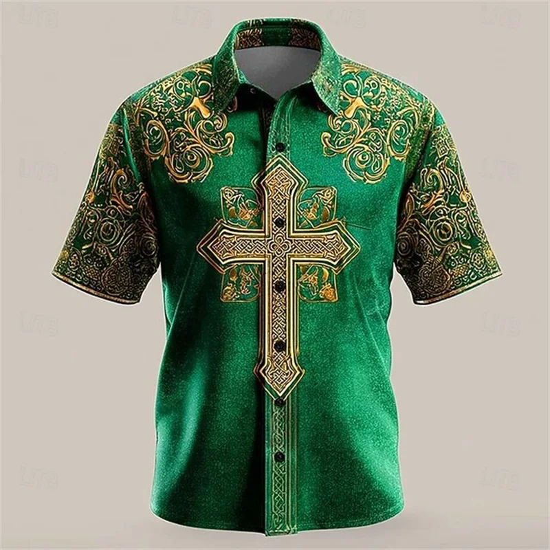 

Мужская гавайская рубашка с дизайном ко Дню Святого Патрика, летняя, с коротким рукавом, с клевером, на пуговицах, для пляжа