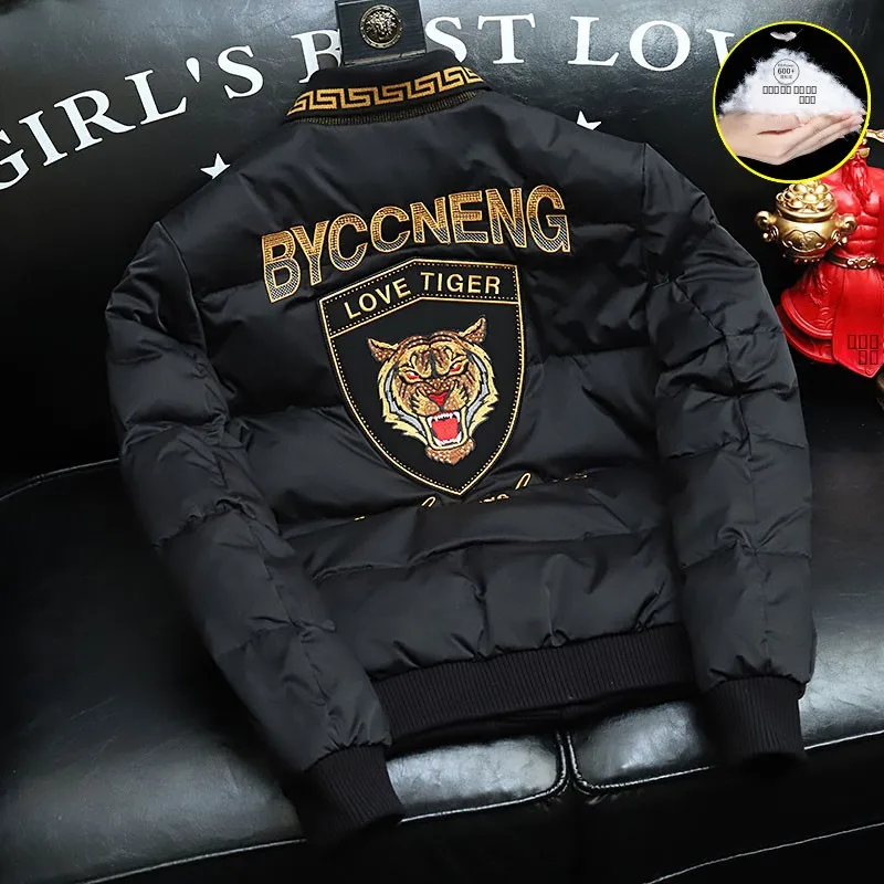 

Trendy Men's Winter down Jaet ort Thiened Casual Faion Tiger Embroidery Korean Sle Youth ular Outerwear Coat