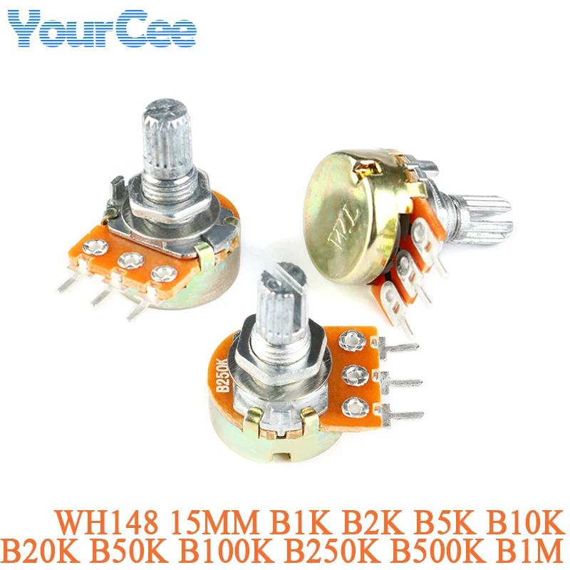 Potentiomètre linéaire simple WH148, arbre de 15mm, 1K, 2K, 5K, 10K, 20K, 50K, 100K, 500K, 1M, 250K, lot de 2 pièces