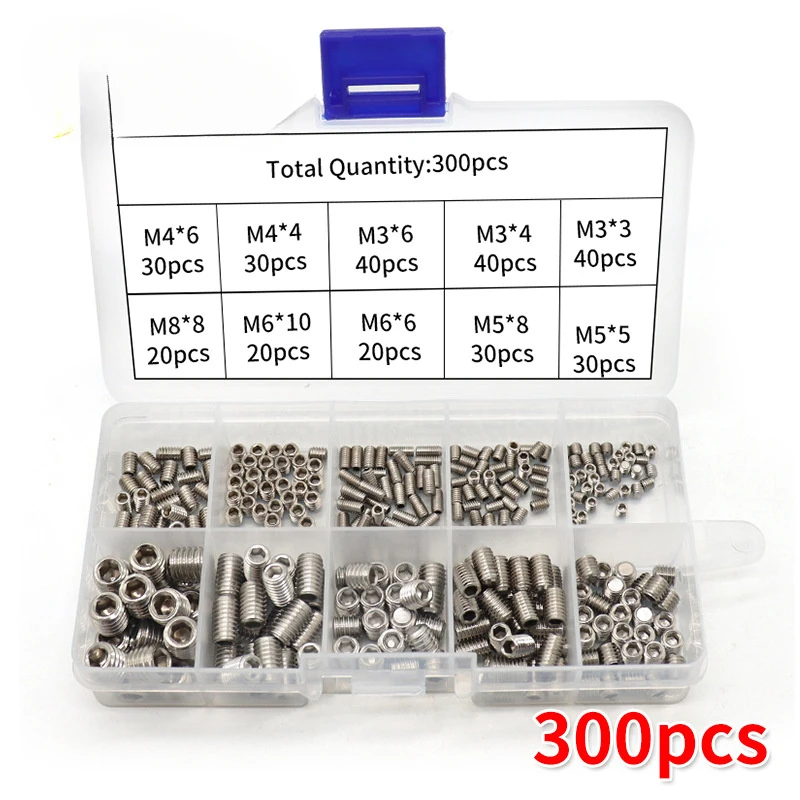 300Pcs 304 Stainless Steel Hex Socket Pointed Set Screws Kit DIY Door Handle Bolts M2 M3 M4 M5 M6 M8 DIN916 Boxed