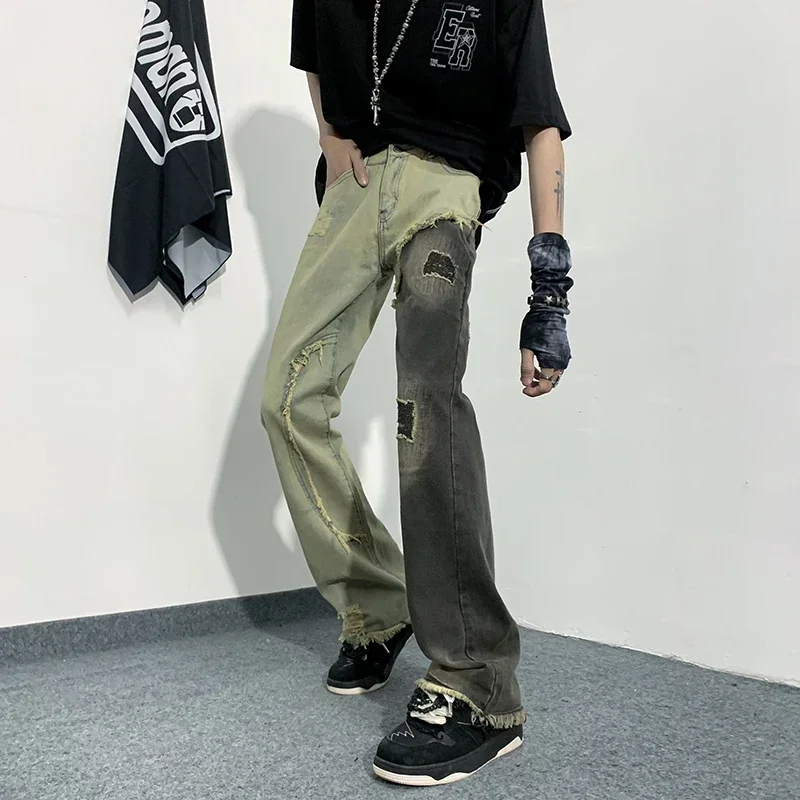 

Pants2024Irregular Contrasting Denim Men's Fashion Jeans Vintage High Quality Stretch Denim Straight Pants Male Brand Trousers