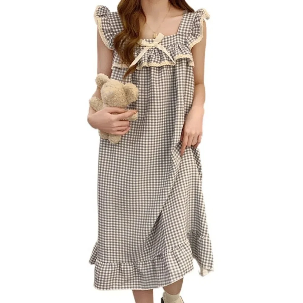 فستان بيجامة شبكي نسائي غير رسمي مكشكش من الدانتيل مع فيونكة حلوة بدون أكمام فستان نوم فضفاض ملابس منزلية قمصان نوم مع وسادات صيفية