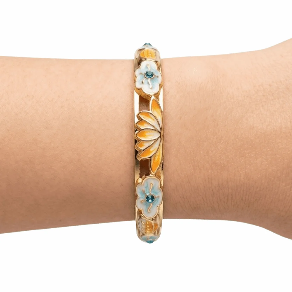 Elegant Enamel Floral Bangle Gold Plated Chinese Style Hollow Out Bangle Colorful Enamel Rich Colors Cloisonne Bangle Women