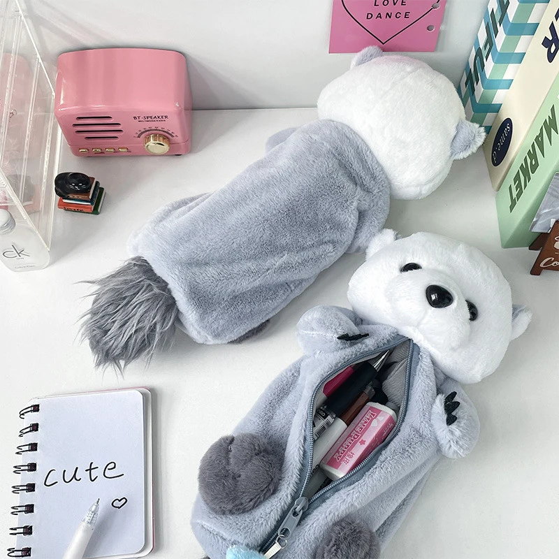 Plush Sea Otter Pencil Case Portable Pen Marker Holder School Supplies Cartoon Soft Pencil Pouch Pen Bag Makeup Pouch