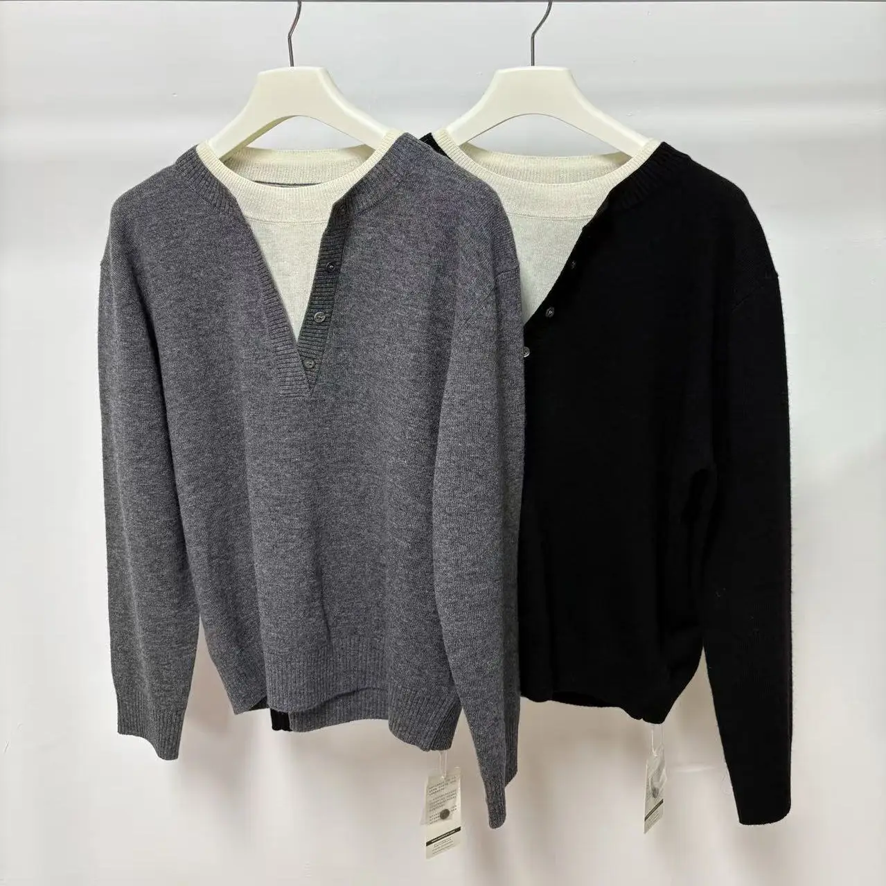 

Women's Knitted Wool Sweater Double Layer Color Blo Door Button Casual Sle Long Sve round Ne Casual Faion 2025 Winter
