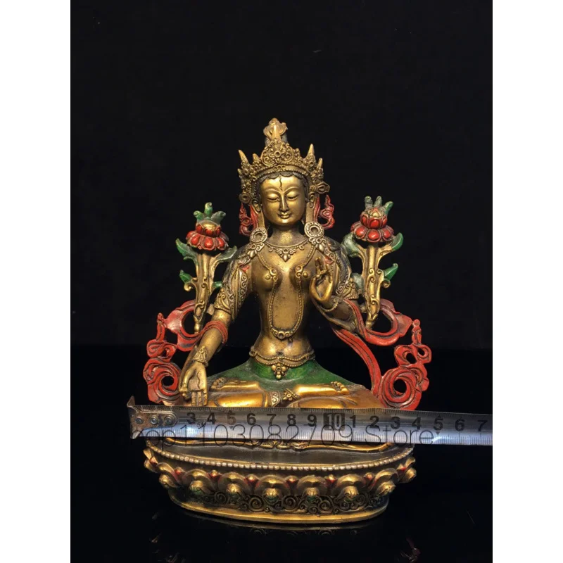 Imagem -04 - Tibetano Puro Cobre Dourado Dourado Pintado Ornamento Buda Tibetano Tara Verde Guanyin Bodhisattva 20cm