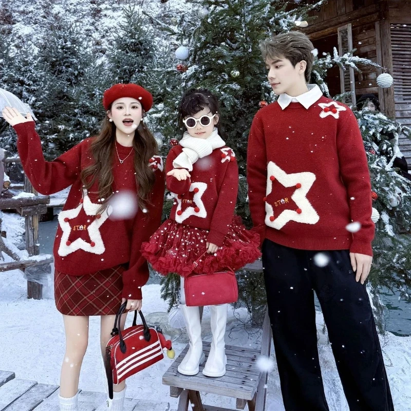 2026 New Year Family Matching Outfits Parents Kids Baby Girls Boys Cute Print Warm Kitted Sweater Infant Toddler Romper Winter
