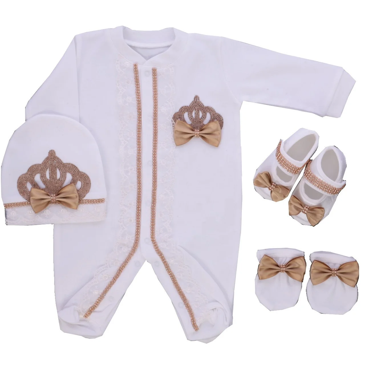 Baby Christening Baptism Outfit Newborn 0-9 Months 4Pcs White Gold Lace Crown Bow Footed Romper Royal Baby Clothes