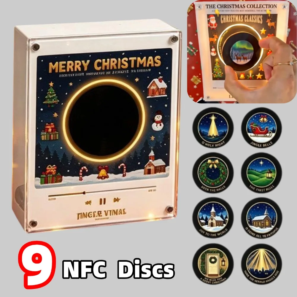 Christmas Gift Vinyl Record Player Shape Fridge Magnet Decor,LED Glow Music Box Decor With 9 NFC Magnetic Discs Halloween Gift