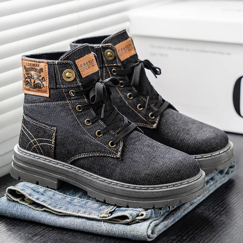 New Spring and Autumn Style Personalized Wear-Resistant High-Top Denim Cool Versatile Men's Boots Lightweight Thick-Soled Trendy Outdoor Men's Shoes