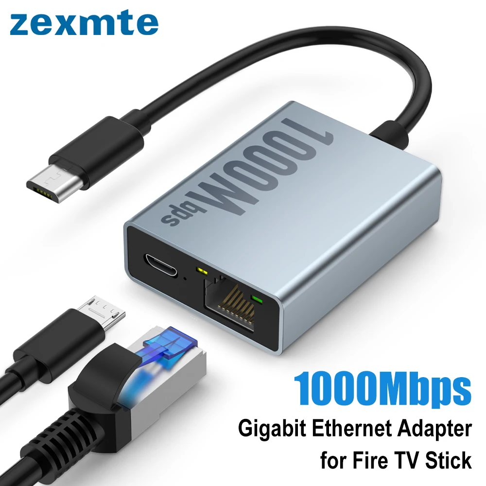 Zexmte Gigabit Ethernet Adapter for 4K Fire TV Stick Micro USB to RJ45 1000Mbps Network Card Adapter for Chromecast Google Home 