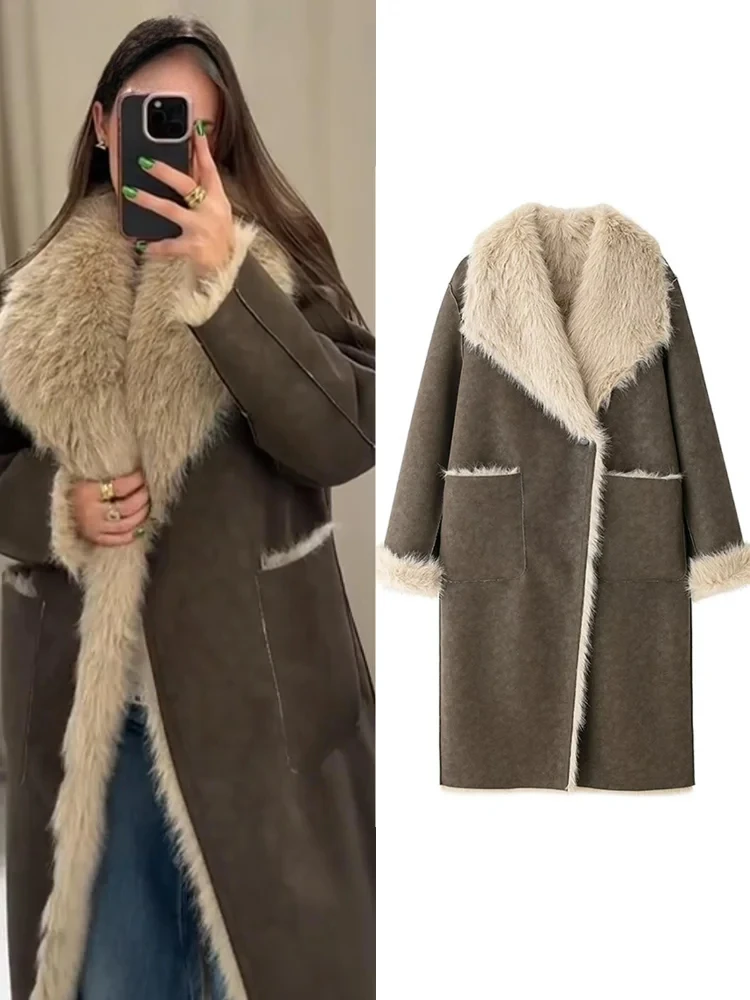 ZBZA Women's Double-sided Warm Coat Faux Fur Vintage Lapel Single Button Long Sleeve Casual Loose Overcoat Winter New Chic Coat