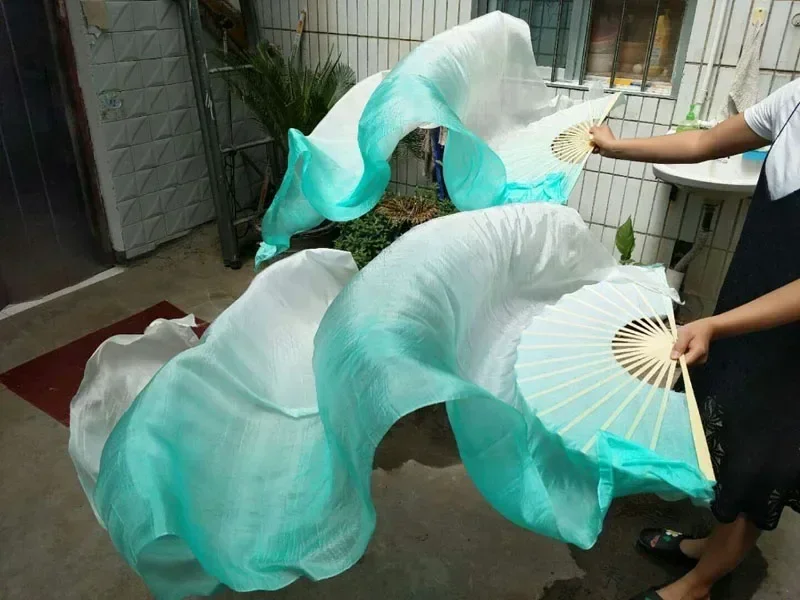 100% Echte Zijde Fan Sluiers voor Buikdans Bamboe-Ribs Opvouwbare Lange Zijden Fan 1,8 m/2,1 m Chinese Handgemaakte geverfde Fan Gradiëntkleur