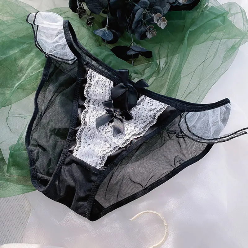 Japanese Cute Style Ruffle Lace Panties Sexy Temptation Hollow Out Furball Maid Underwear Black and White Lingerie Plus Size 3XL