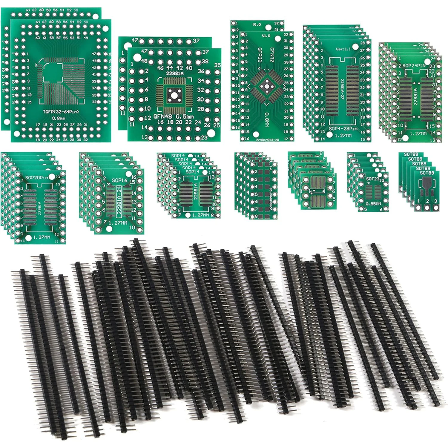 51PCS 12 Types SMD to DIP Adapter PCB Proto Board Plate Converter SOP SOT 0402/0603/0805 TQFP QFN + 40PCS 2.54mm Male 40 Pin