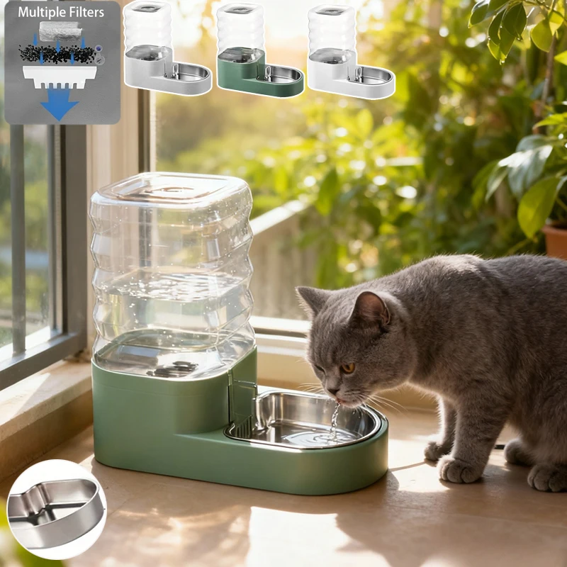 

Cat Water Dispenser Gravity-Fed Automatic with Filter Stainless Steel Bowl Removable Easy Cleaning Pet Accessor Поилка Для Кошек