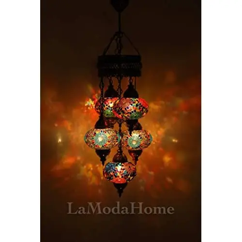 LaModaHome 40 + Unique Colors, 2020 Customizable Chandelier 5 Globes + Free 5 Bulbs, stunning Mosaic Turkish Lamp Moroccan Light