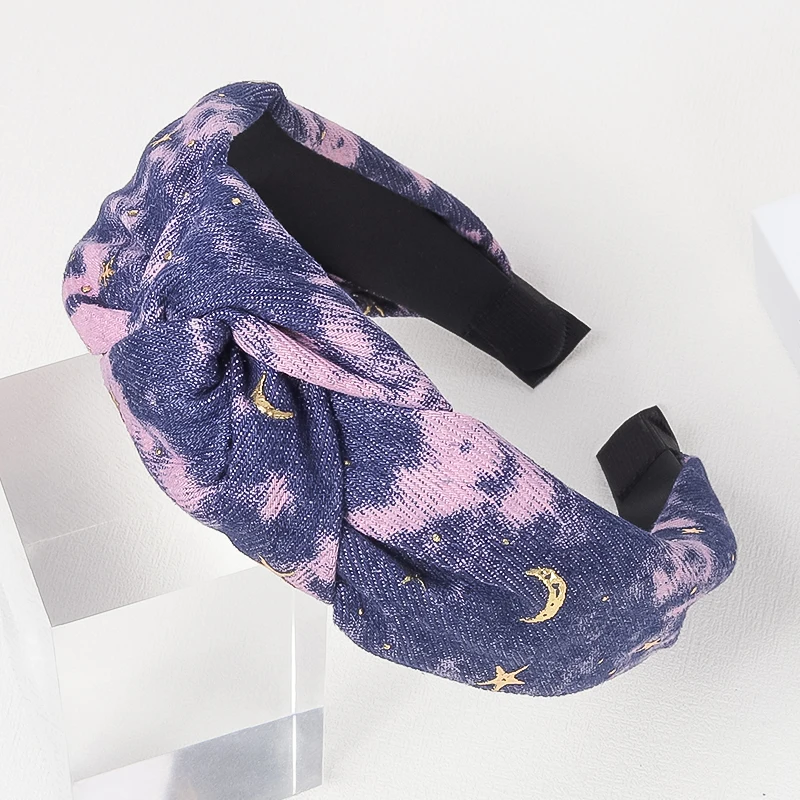 Trendy Tie-Dyed Denim Fabric Headband for Women Wide-Brimmed Knotted Hairband Versatile Hair Accessories with Gold Star and Moon