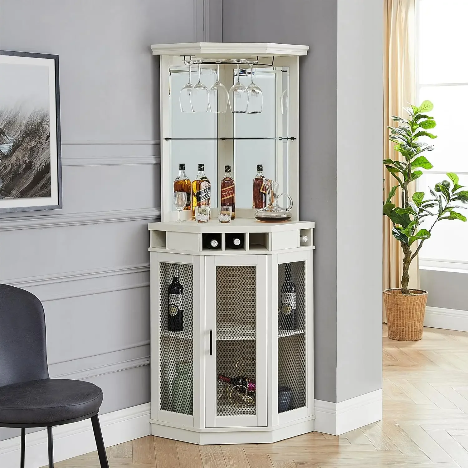 Meuble de bar d'angle blanc 73 "avec vin intégré T1 et armoire de bar inférieure pour français ou stockage de verres 23.6" D x 31.5 "L x 73" H