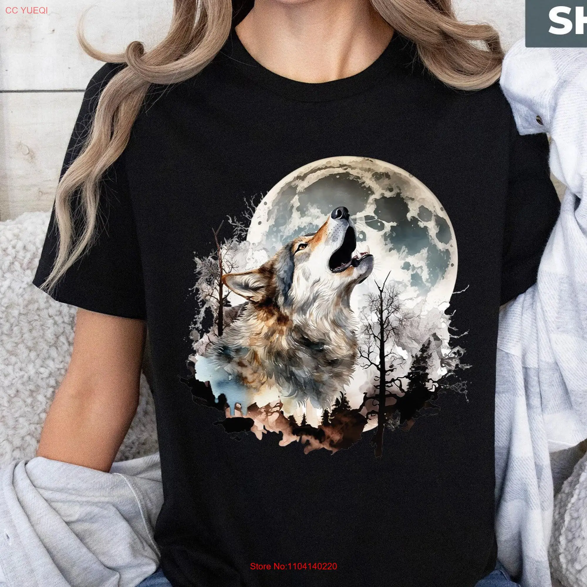 Vintage Wolf 90s T Shirt Lovers Retro 2000s Nature Moon Cute Womens long or short sleeves