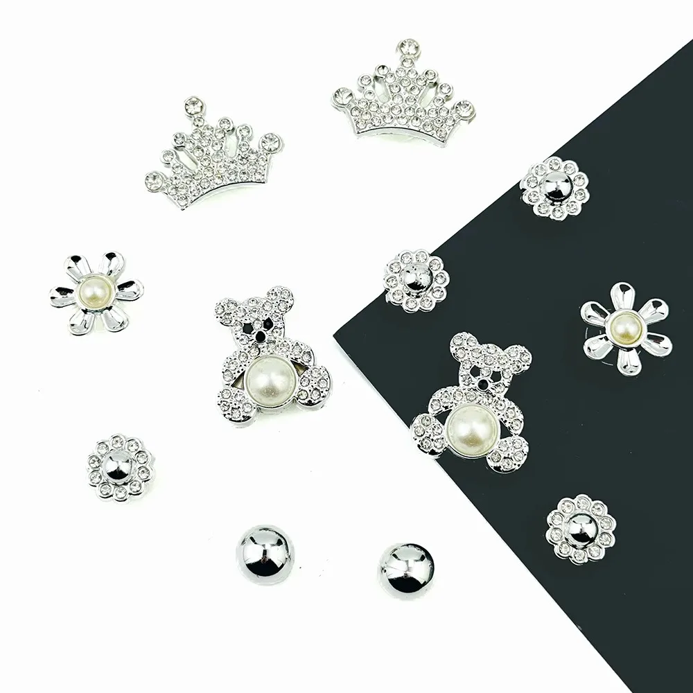 12PCS Fashion Shoe Charms Set Accessories for Sandals Clogs Shoe Buckle Silver Crown Pearl Bear DIY Shoes Decorations Gift