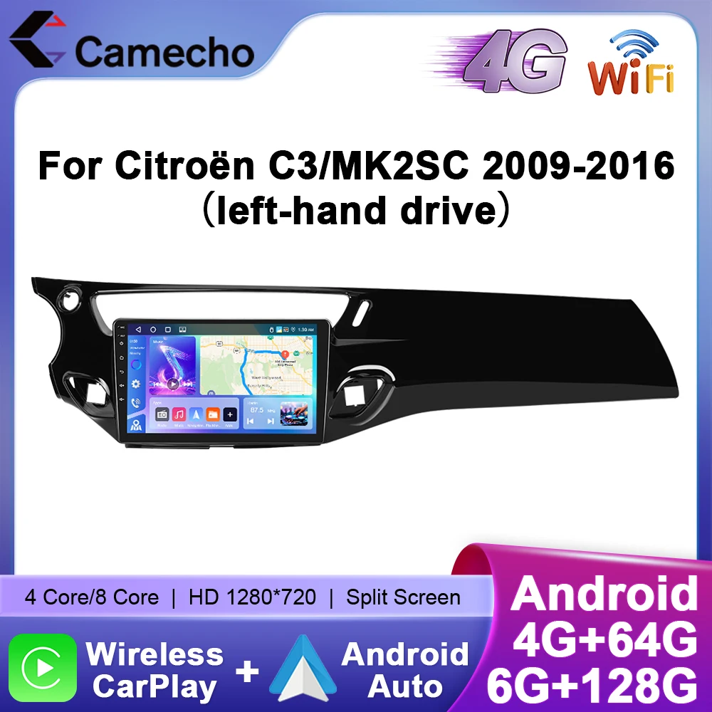 Camecho 6 + 128G Wireless CarPlay Android Auto Autoradio per Citroën C3 MK2SC 2009 2010-2016 GPS Stereo 4G WIFI Lettore multimediale