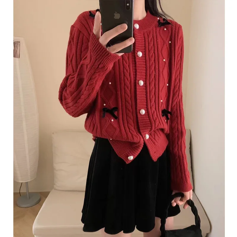 Neploe Hong Kong Style Casual O Neck Long Sleeve Jumper Europe Beading Bow Sweet Knit Knitted All-match Loose Exquisite Cardigan