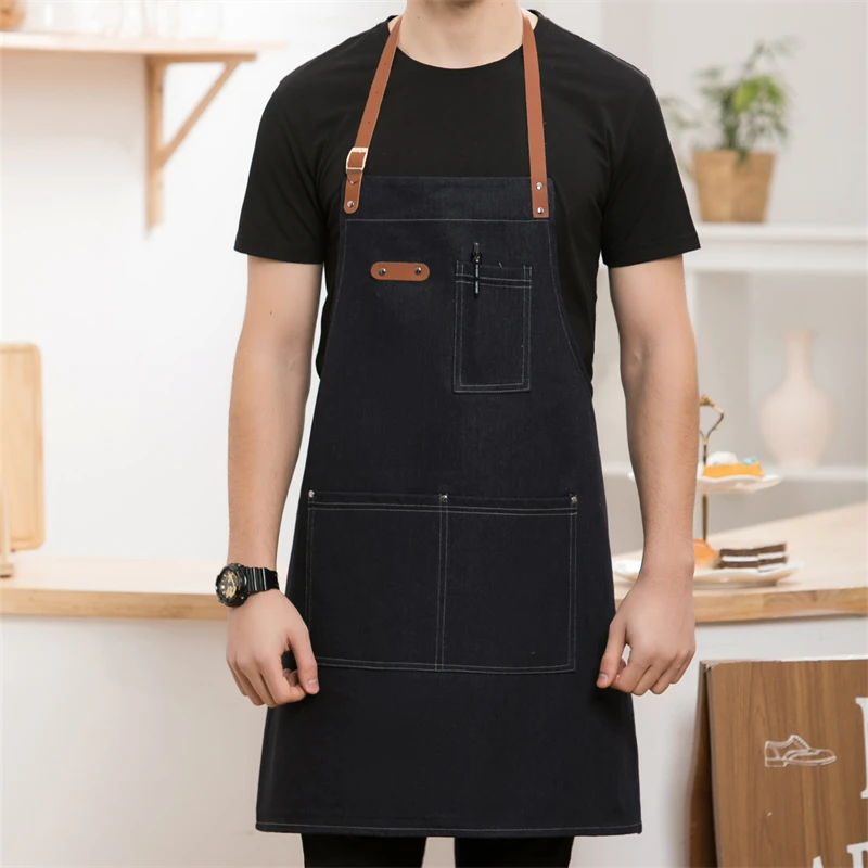 Logo Custom Denim Work Apron With Leather Strap and Pockets,Beauty Studio Barber Shop Cafe Market Bakery Employee Waiter Uniform