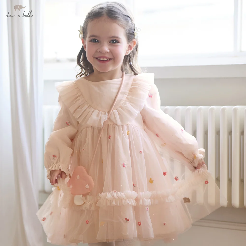 Dave Bella One-piece Dress For A Girl Children's Dresses Mesh Babies Autumn Clothes 4- to 6-year-old Spring Cute Charm DB3263024