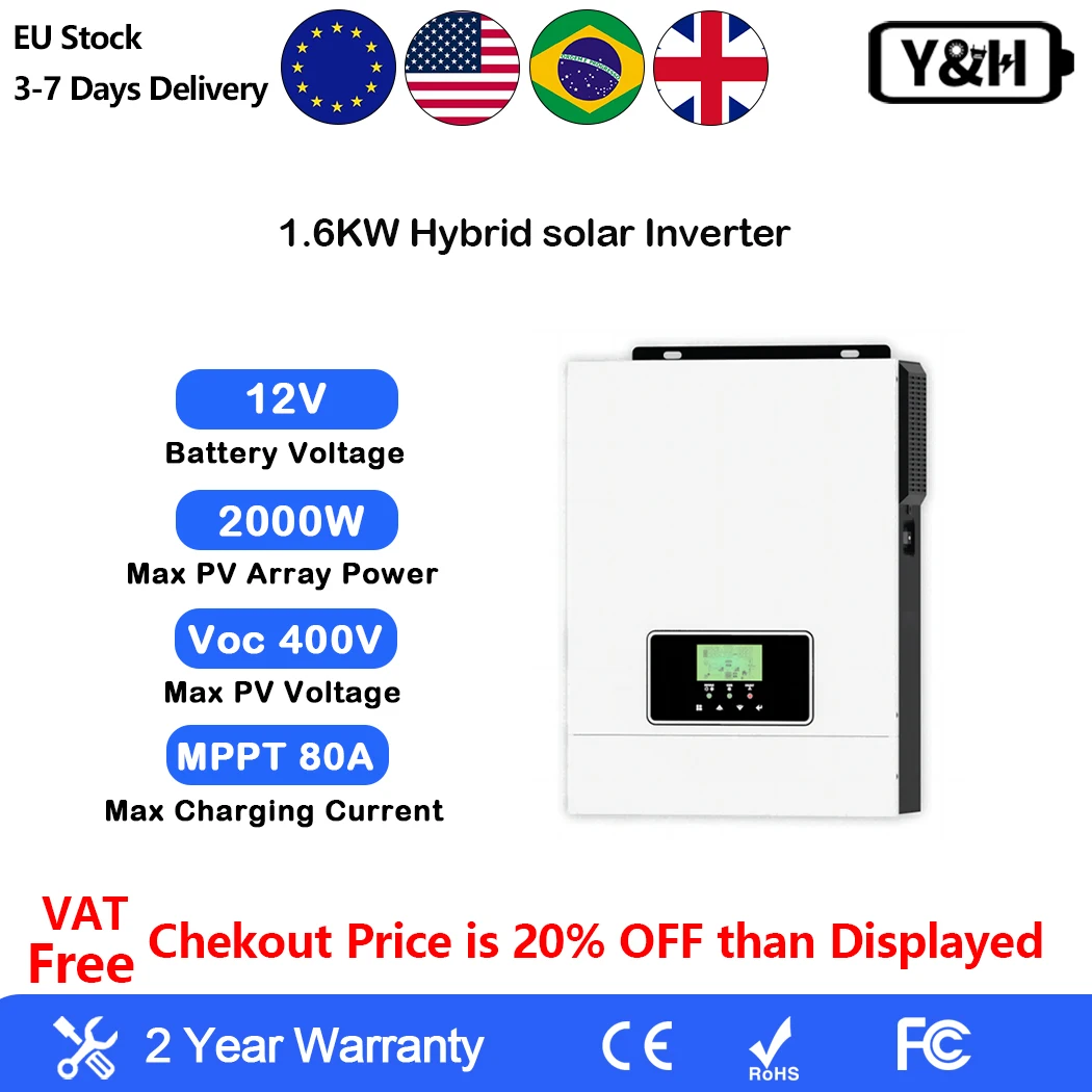 Y&H 1KW 2KVA Hybrid Solar Inverter 1.6KW MPPT off Grid Inverter 12V 220V MPPT 80A Solar ControllerPure Sine Wave Inverter