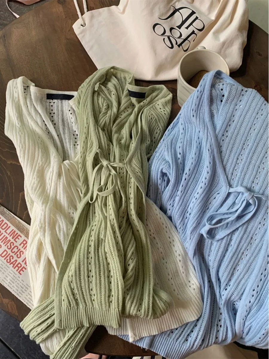 Coreano Sle scava fuori con cintura estiva in seta di ghiaccio sottile cardigan da donna allentato lavorato a maglia tuta sportiva anti UV V-Ne ort Sve Top