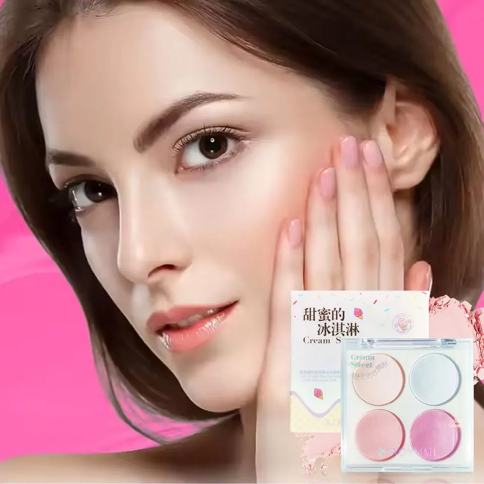 لوحة أحمر الخدود مكونة من 4 ألوان - تركيبة بودرة الآيس كريم وإسفنجة مختلطة، مستحضرات تجميل مريحة للمكياج اليومي وتصفيف مكياج بسيط