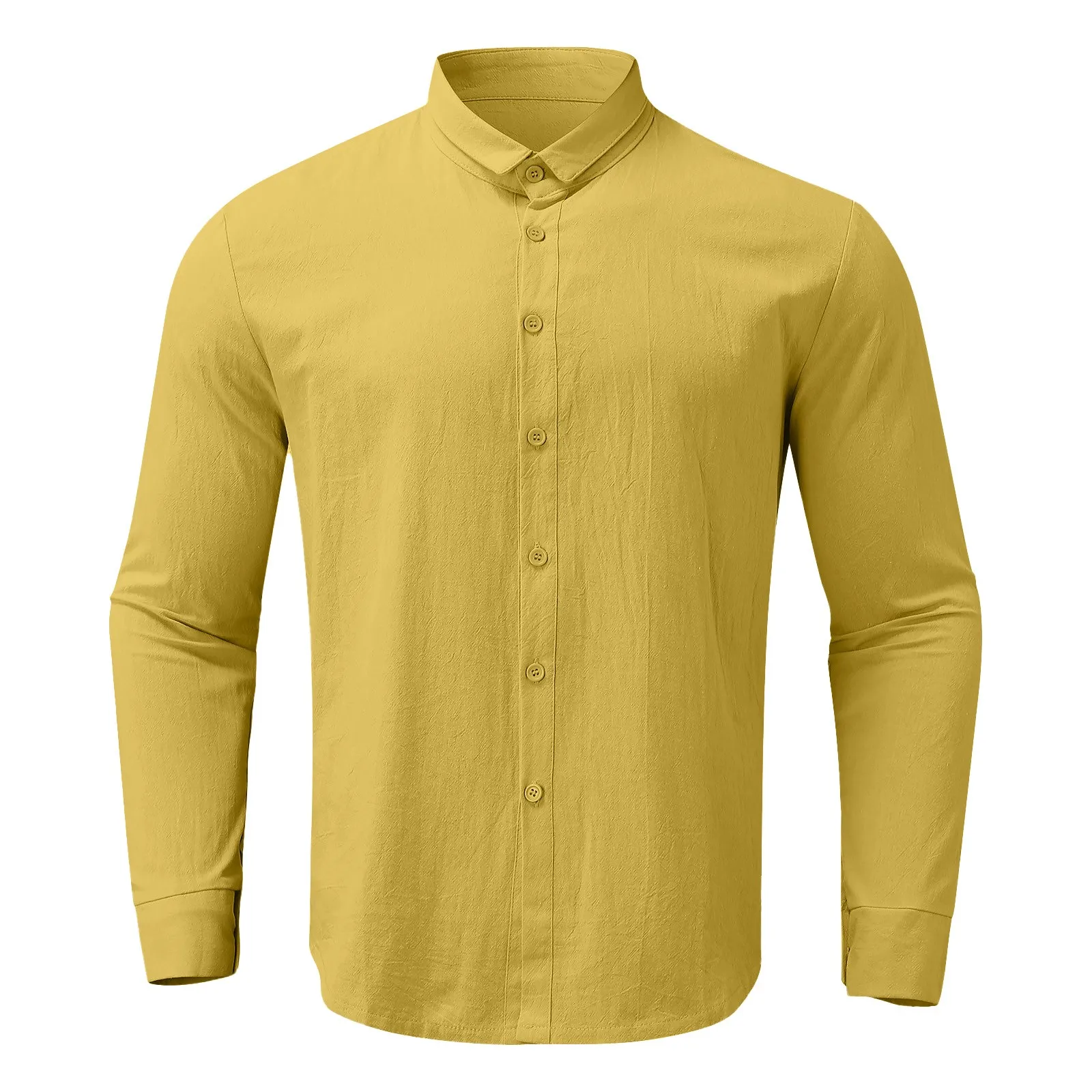 Cotton Linen Green Shirt Men\'S Long-Sleeve Shirts Summer Solid Color Stand-Up Collar Casual Beach Style Blouse Plus Size Chemise