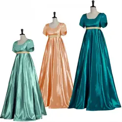 Regency Dress Blue Satin Vintage Victorian 1800 Ball Gown High Waistline Jane Austen Costume Cosplay Dress for Women