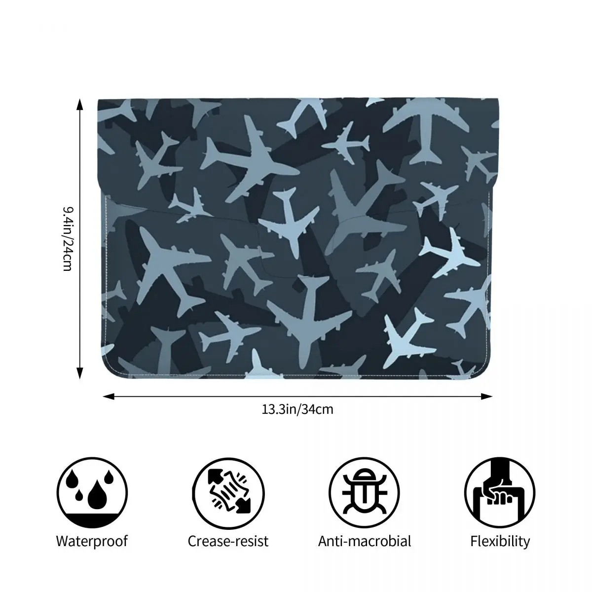 Random Airplanes Pattern Aviation Fighter Pilot PU Leather Horizontal Laptop Sleeve Shockproof Soft Lining Notebook Case 13 Inch