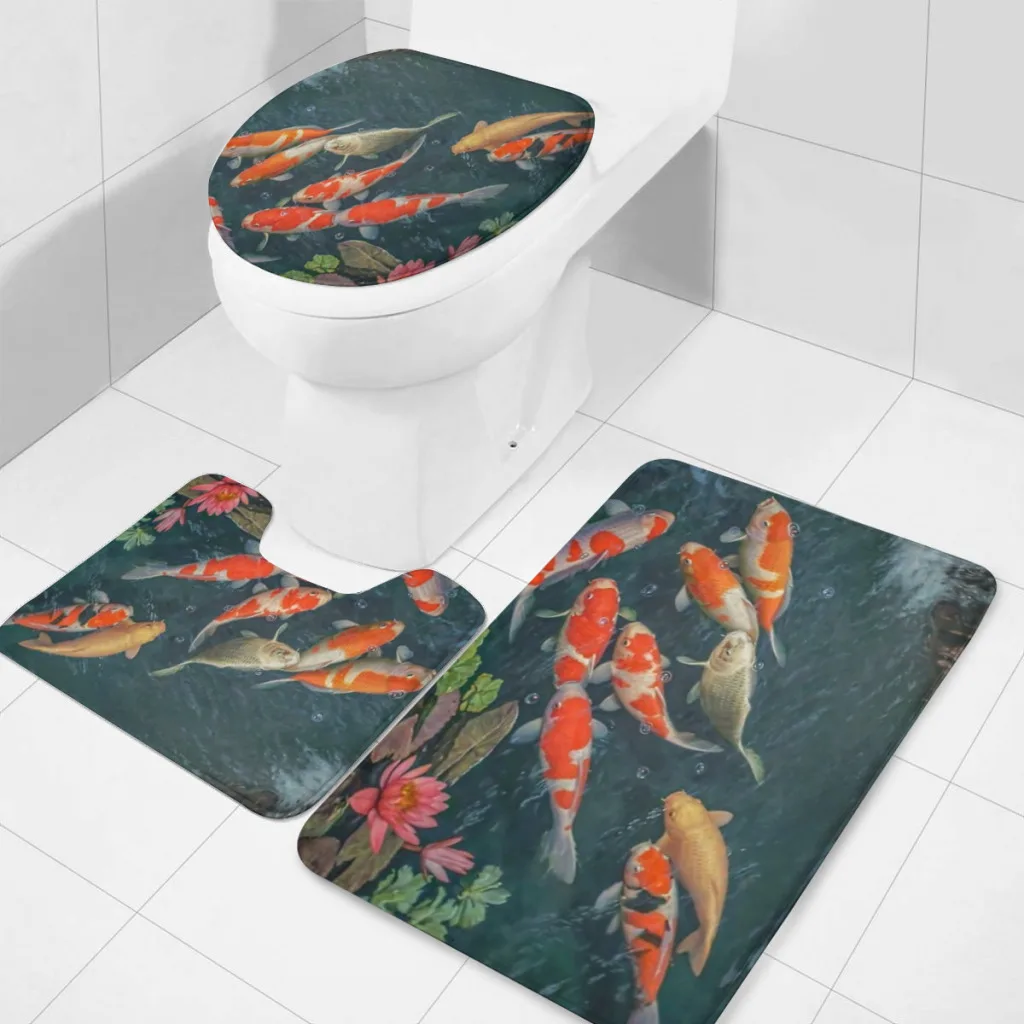 

Koi Fish Pond  Goldfish 3 Sets Bathroom Antiskid Pad Non-Slip Bath Carpet Floor Mat Rug Flannel Baths Mat Toilet mat