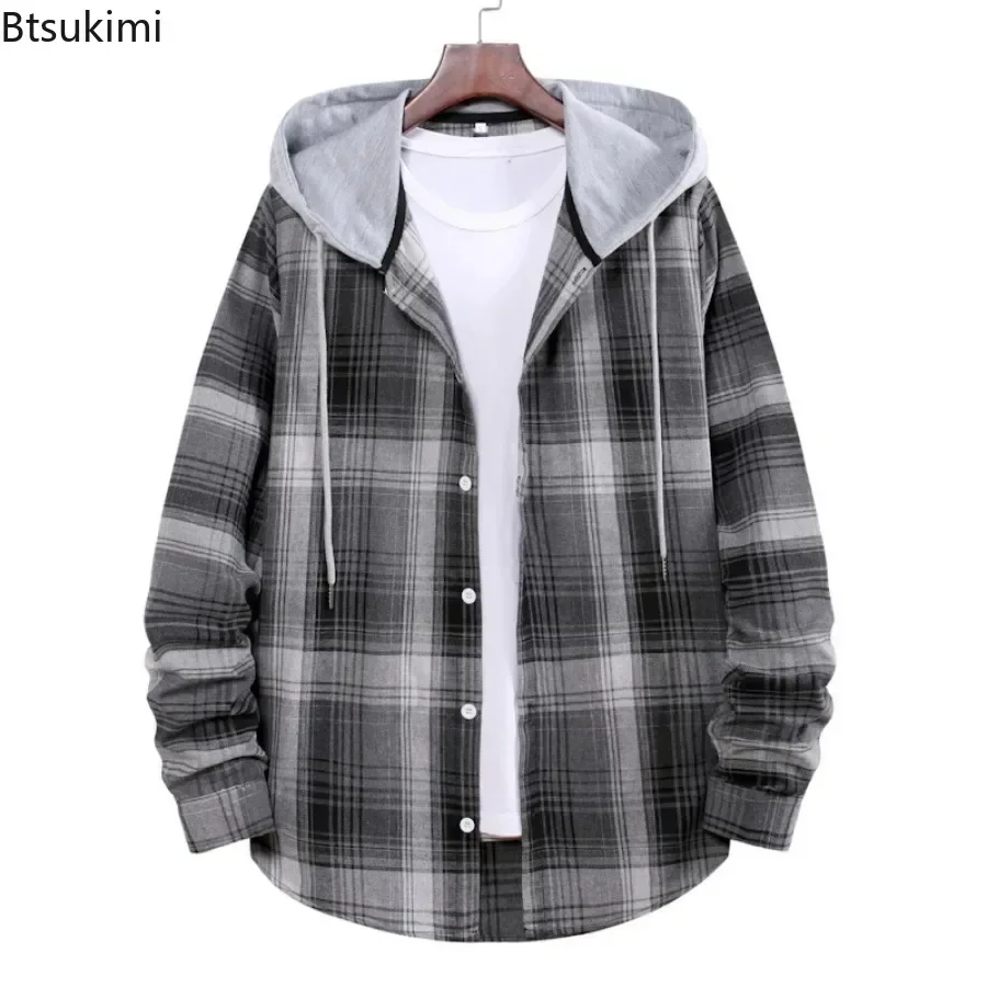 Neue 2025, männer Plaid Mit Kapuze Shirts Lose Beiläufige Männer Jacke Hemd Bequeme Langarm Sport Mit Kapuze Mäntel Männer der Täglichen Kleidung