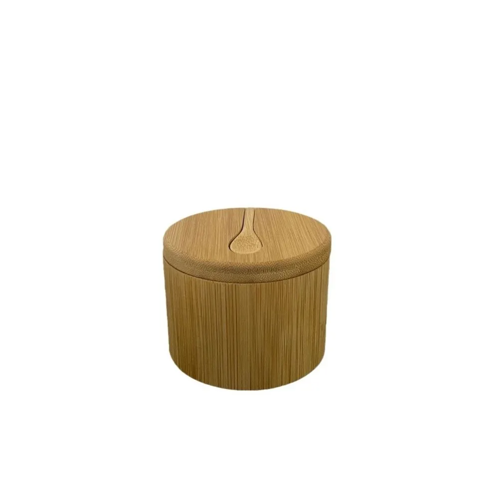 Rotatable Bamboo Seasoning Storage Box Round Container Magnetic Swivel Lid Pepper Sugar Spice Holder with Spoon Spice Jar