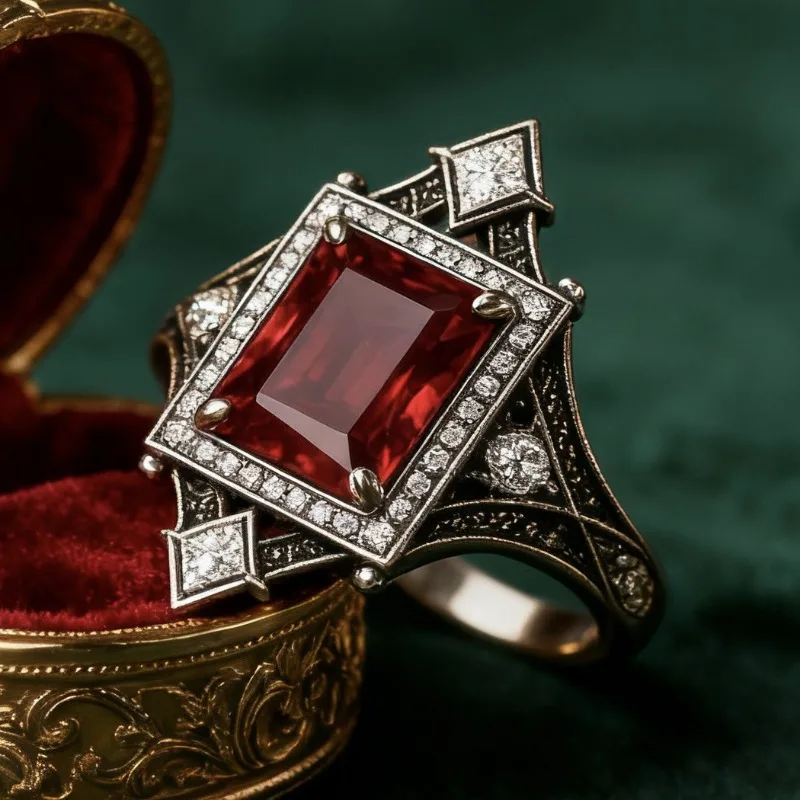

European and American new fashionable retro red zircon inlaid personalized versatile men's and women's rings
