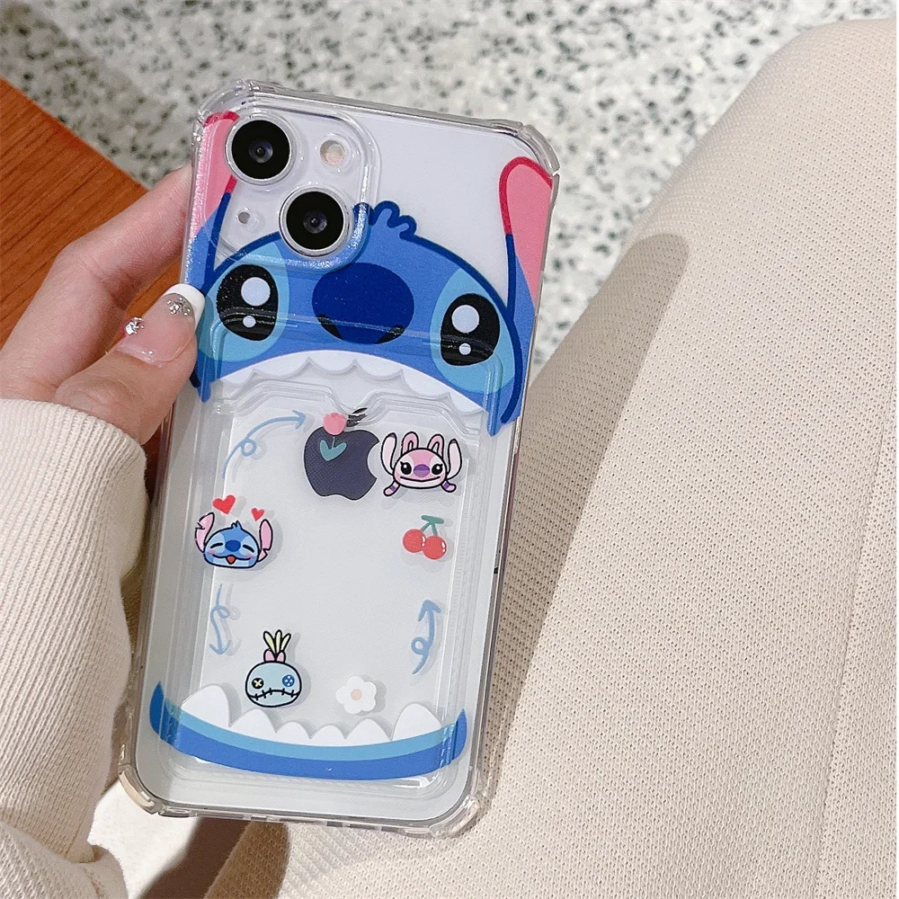 Cute Cartoon Anime Stitchs custodia per carte per iPhone 16 15 14 13 12 11 Mini Pro Max X XR XSMax 7 8 Plus SE Cover trasparente Anti-caduta