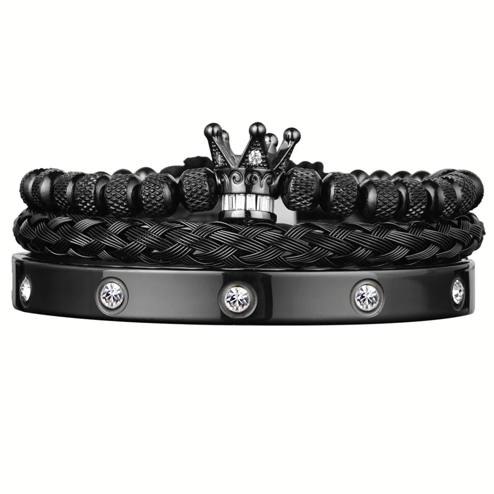 3pcs Luxury Micro Pave CZ Crow Beads Royal Charm Men Bracelets Stainless Steel Crystals Bangles Couple Handmade  Lace-up Jewelry