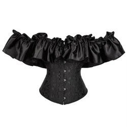 Women Vintage Jacquard With Satin Lace Bustiers And Corset Top Off Shoulder Ruffles Overbust Body Shaper Corset Fashion