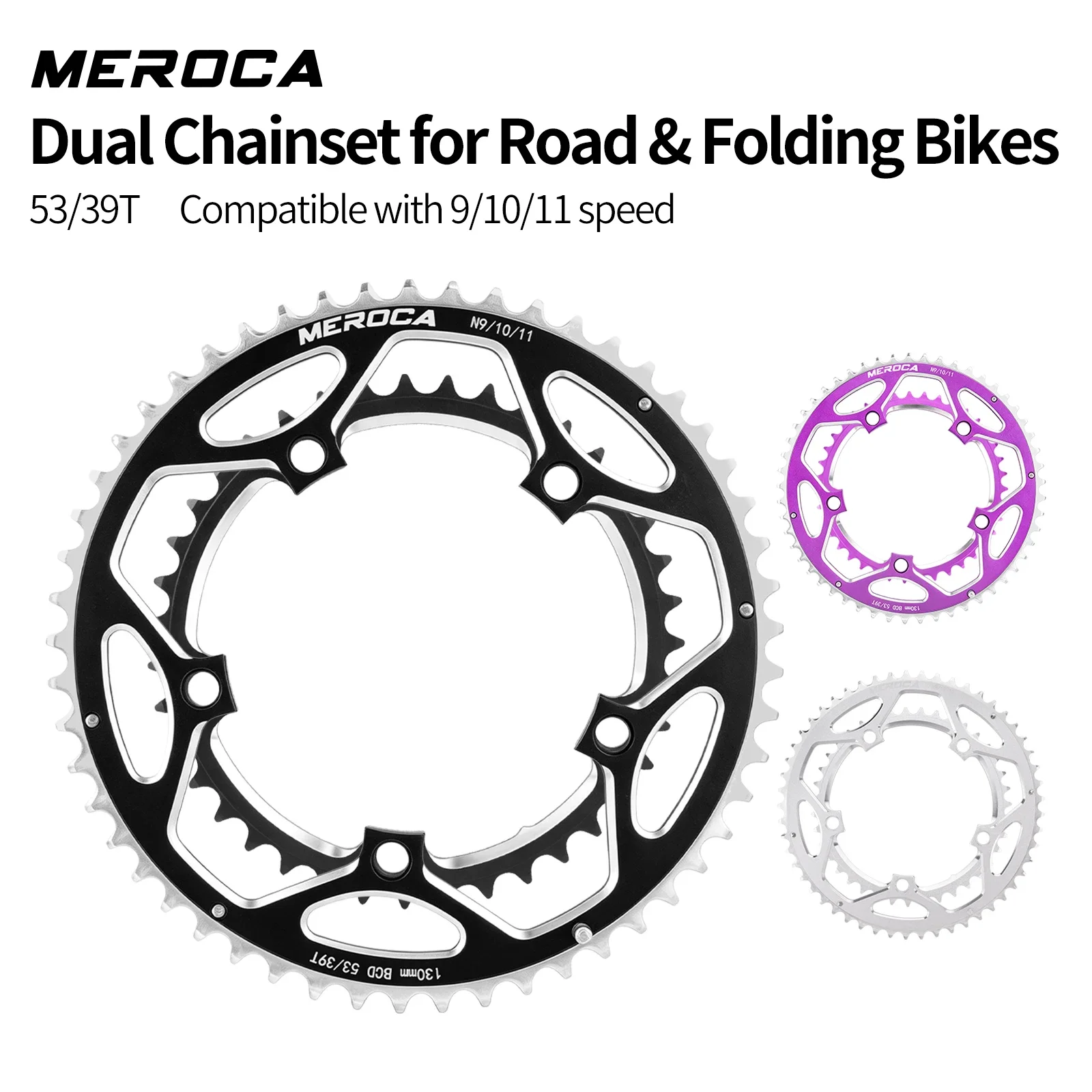 MEROCA 53-39T Double Chainring 130BCD 5-Bolt Aluminum Alloy Chainwheel For 9/10/11 Speed Road Bike Folding Bicycle Crankset